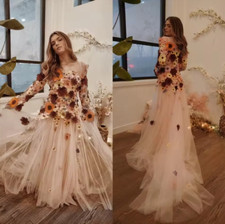 Boho Wedding Dress Floral Fabric Champagne A Line Long Sleeves Bridal Gowns