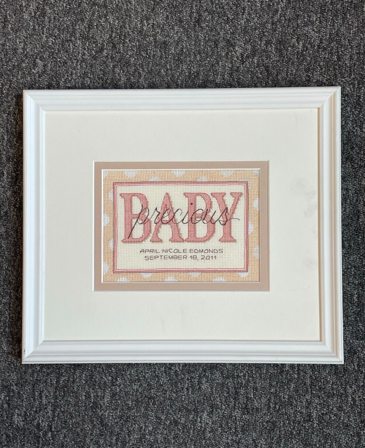 FRAMED COMPLETED CROSS STITCH: PRECIOUS BABY RECORD: 36 x 30cm(ALREADY FILLED)