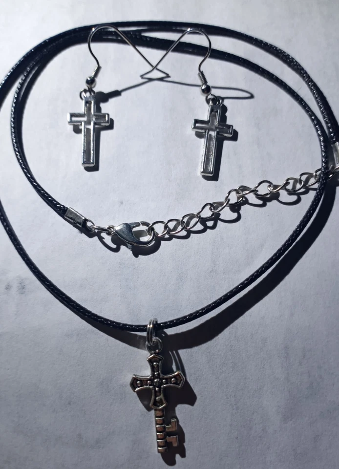 KEY CROSS LEATHER NECKLACE CROSS HOOK  EARRING 2 PC SET - Image 2 of 4