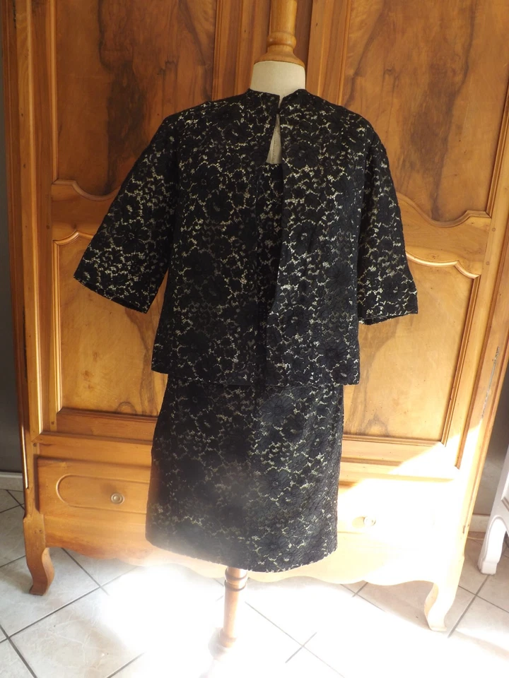 ensemble, robe + veste, dentelle noire, ancien - Photo 3/4