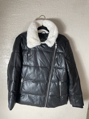 Levi s Women s Medium White&black Faux Leather Puffer Moto Jacket Full Zip