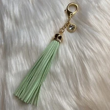 Green Tassel Bag Charm Keychain Key Fob Metal Stone Keyring Gold Mint Color
