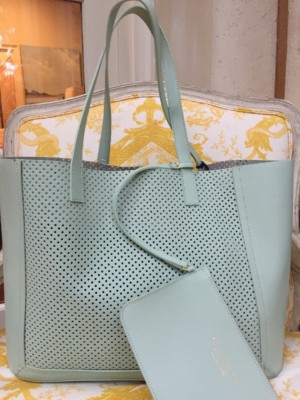 Vittoria Napoli Leather Tote Laser Perforated Bag Sea-foam / Mint Italy Luxury