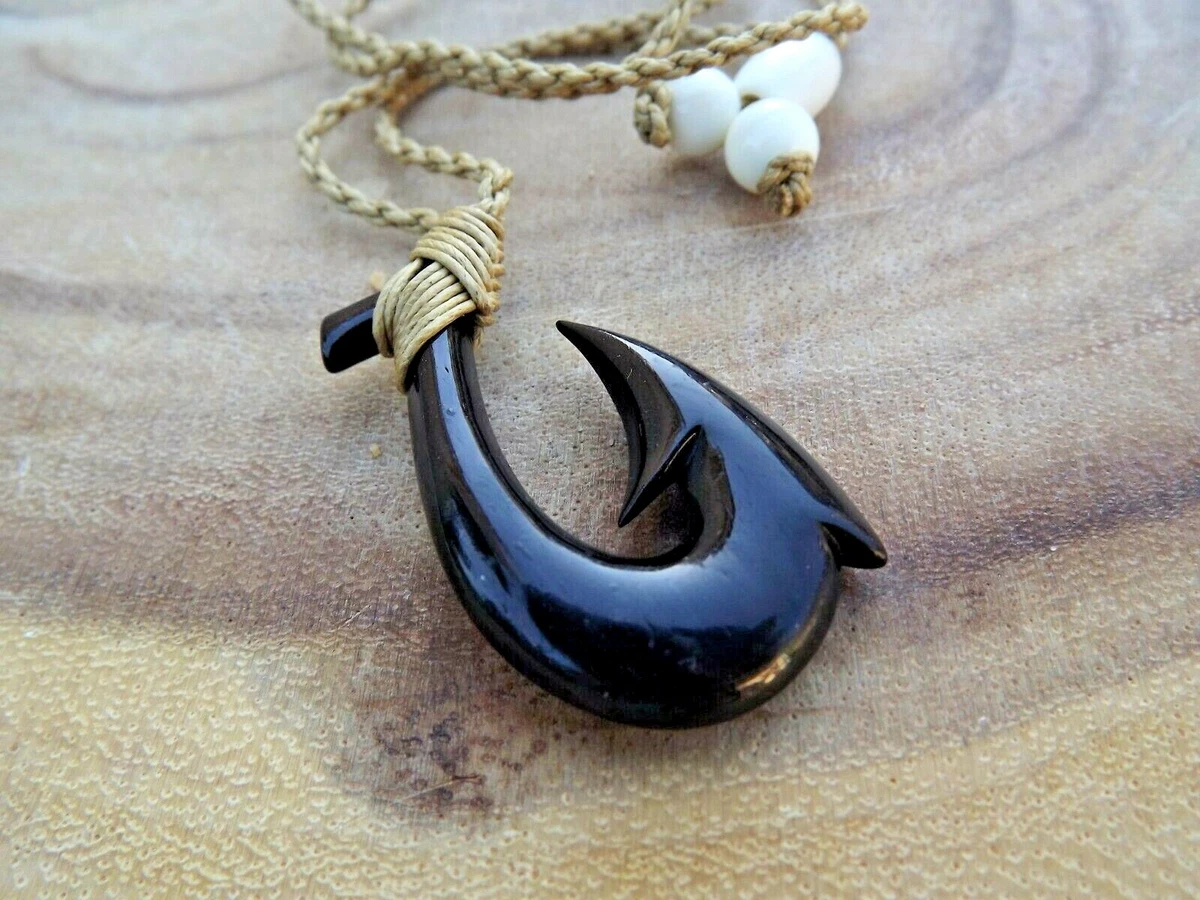 Hawaiian Buffalo Bone Black Fish Hook Necklace Maori Hei Matau