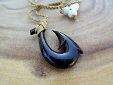 Hawaiian Buffalo Bone Black Fish Hook Necklace Maori Hei Matau Bone Hook Choker
