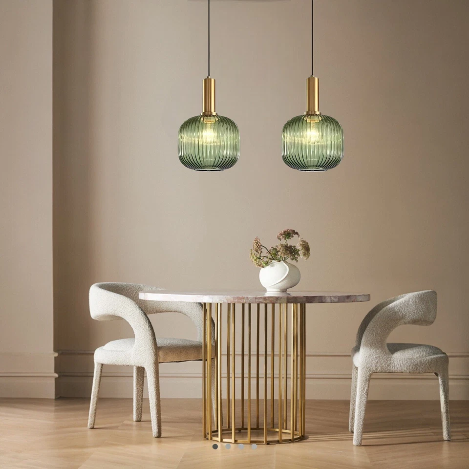 NEW West Elm Vintage Retro Green Glass Globe Hanging Gold Pendant Light Fixture - Image 2 of 4