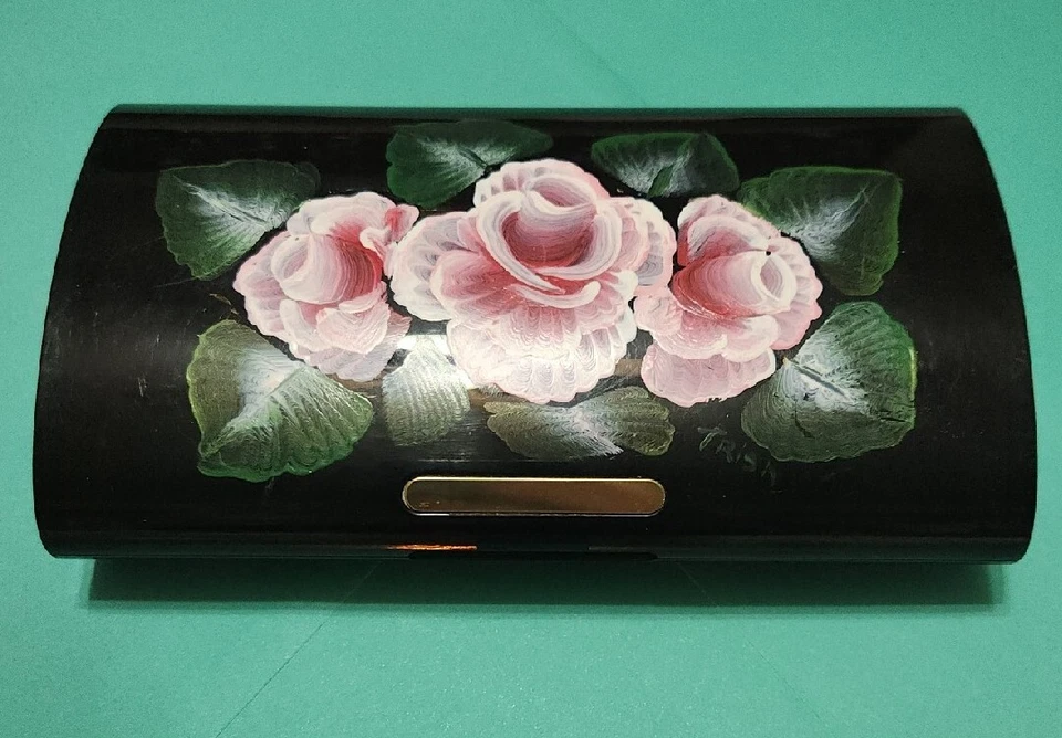 Estee Lauder New York VINTAGE Brown Lucite Acrylic Clutch Case Handpainted roses - Image 4 of 4