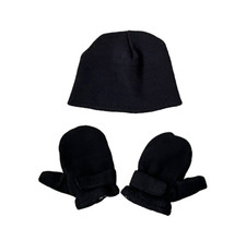 Toddler Kids Black Knit Beanie Hat  Mittens Set One Size