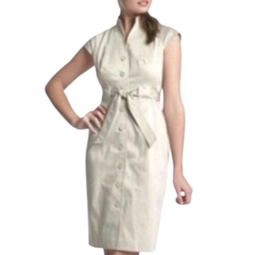 Calvin Klein women size 10 V-neck Cap Sleeve Band Collar Button Belt Beige Dress