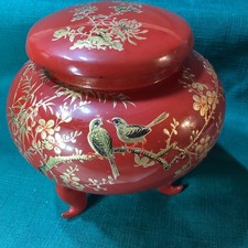 LOVELY Vintage Signed VIETNAM Lacquer RED GOLD Footed Covered JAR