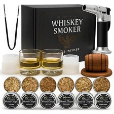 Whiskey Smoker Kit with Torch – 6 Flavors Wood Chips, 2 Glasses, 2 Ice Ball M...