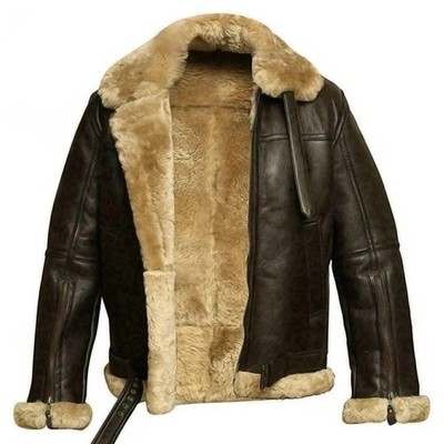 Mens B3 RAF Bomber Jacket - Brown Aviator Flying Fur Shearling Real Leather Coat