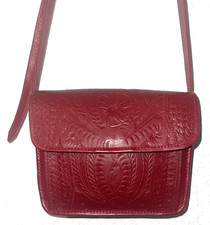 Burgundy Crossbody Tooled Leather Handbag Bag Flap Closure Small