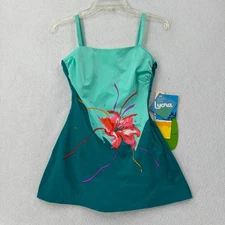 VTG Robby Len One Piece Swimsuit Dress Mod 60s 70s Pin Up Floral Green 13/14