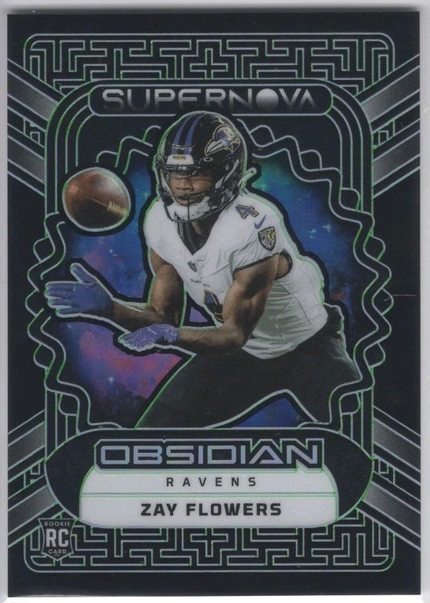 Zay Flowers Green Electric Etch 2023 Panini Obsidian Supernova Rookie /35 SP RC