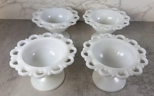 SET Of 4  Vintage Candy Dish Reticulated Milk Glass Pedestal  Compote  Bowl