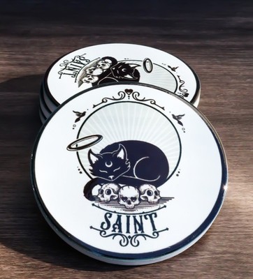 Halo Black Cat Saint And Skulls Ceramic Coaster Set of 4 Tiles With Cork Backing