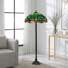 Image of Tiffany Style Dragonfly Floor Lamp, 16" Stained Glass Shade, 65" Tall Vintage