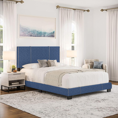 Lucena Full Bed Frame with Adjustable Headboard in Blue Linen Upholstery