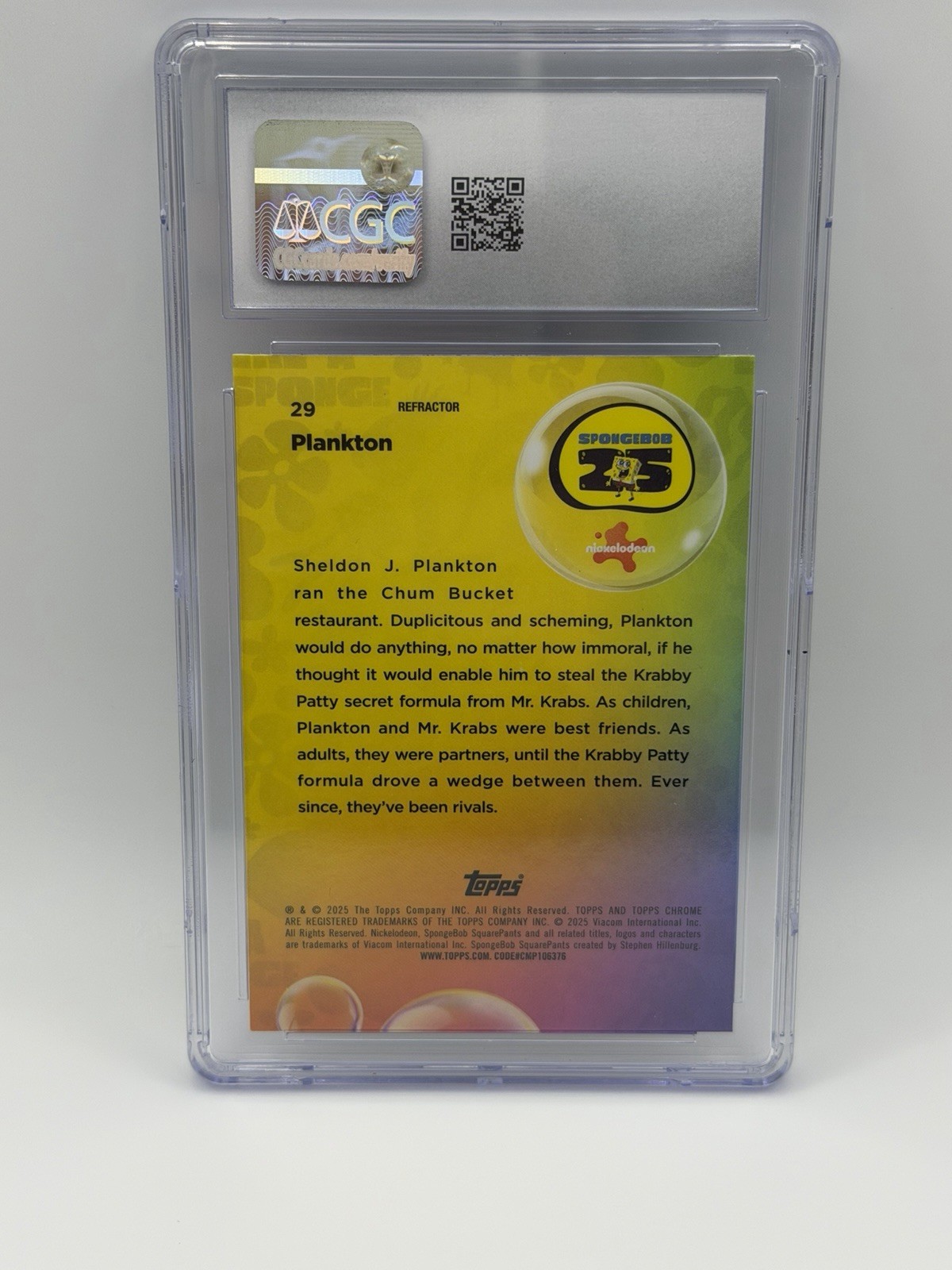 2025 Topps SpongeBob Chrome Plankton #29 Refractor Parallel CGC 10 Card view 2