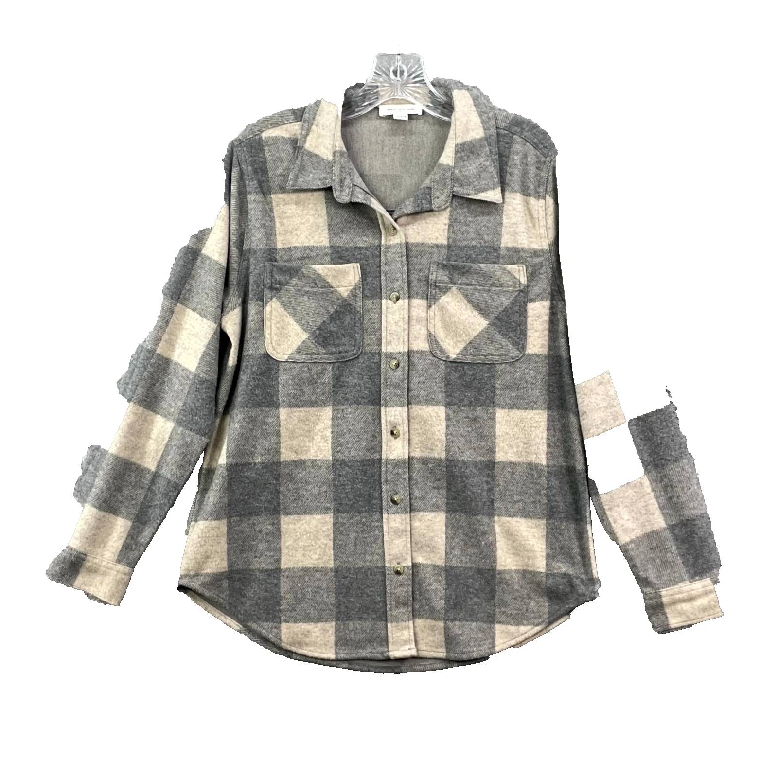 Beach Lunch Lounge Flannel Shirt Women Small Gray Plaid Button Up Outdoor Hiking