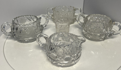 Vintage LOT of 4 Sugar, Creamer Bowls Etched, Cut Glass Floral Double Handle