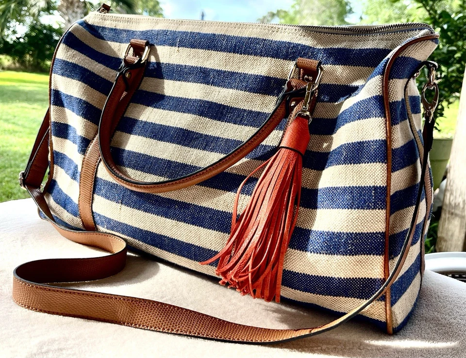 Aldo Canvas Striped Summer Tote Orange Tassel Textured Faux Leather Pre-Owned - Image 4 of 4