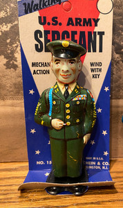 Chein Walking U. S. Army Sergeant on original card - Tin Windup - WWII - US ARMY