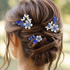 3 PCS Blue Crystal Bride Wedding Hair Pins Silver Flower Bridal Pearl Pieces