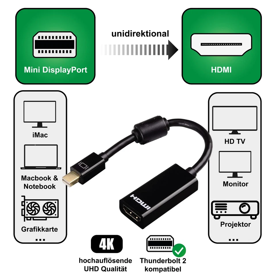 Hama Mini Displayport zu HDMI Adapter-Kabel 4K mini DP auf HDMI Thunderbolt  - Bild 2 von 4