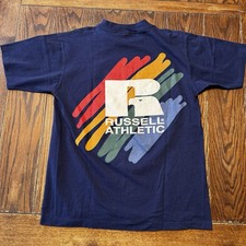Vintage Russell Athletic USA Made Blue T Shirt Large Single Stitch Logo 90’s