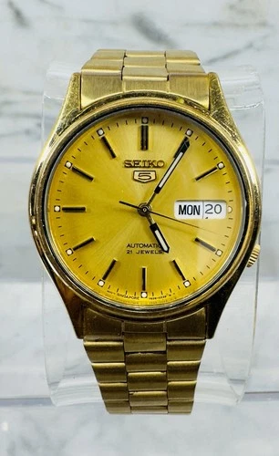 Vintage Seiko 5 Men’s Automatic 21 Jewels Watch Gold Tone Champagne Dial Japan