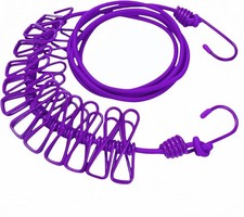 12ft Windproof Portable Clothesline with 12 Clips Heavy Duty Hooks Purple Travel