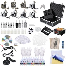 Complete Tattoo Kit 8 Machine Gun 40 Ink Power Supply Grip Tip Needle with Case