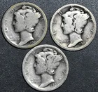 1920-PDS 10C MERCURY SILVER DIME 3 Coins KM# 140 Grade:  G/VG A6631