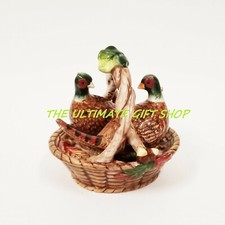 NEW HERITAGE BROWN,GREEN,BLACK,RED 2 TURKEY BIRD+BASKET SALT & PEPPER SHAKERS
