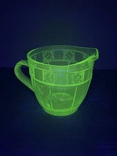 Jeannette Doric Creamer Green Depression Uranium Glass 5” High