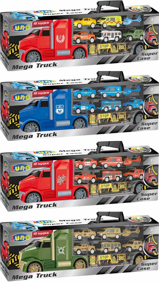 DIAKAKIS Luna LKW Autotransporter Tragekoffer 10-tlg. mit Fahrzeugen Helikopter