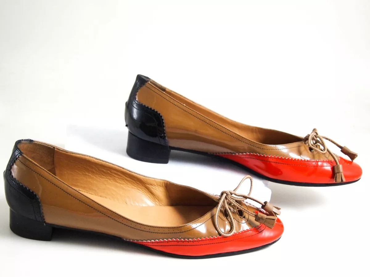 Hermes Mocassin Talon Bas Pompe Rouge Marron Cuir Verni Femme Taille US 7 Ue 37