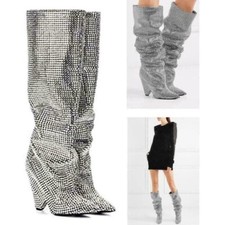 Women's Glitter Leather Embellished Rhinestone Crystal Covered Knee High Boots