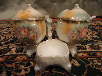 Porcelain Condiment Set Shaker Open Salt Jam Sugar Floral Luster Vintage