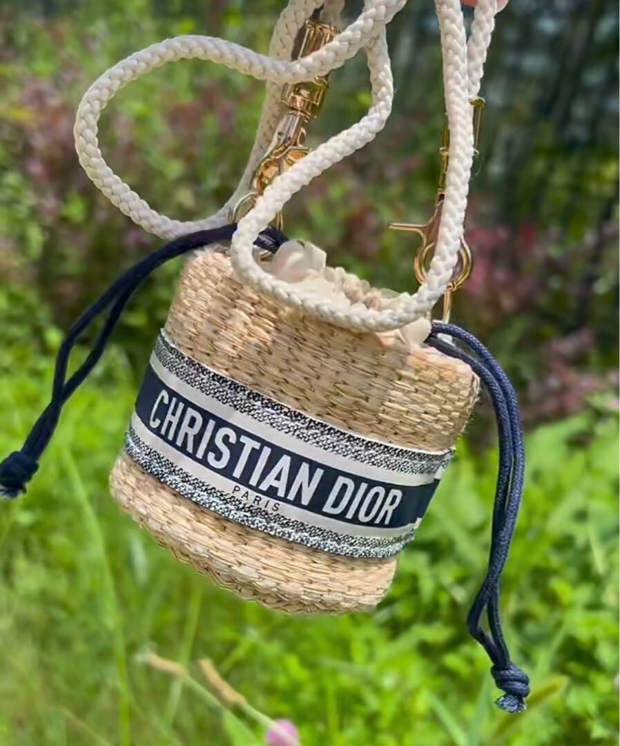 Christian Dior Straw Drawstring Pouch mini shoulder bag with box