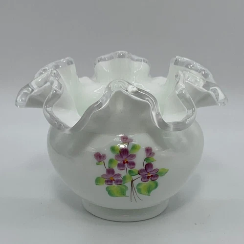 Fenton Silver Crest Rose Bowl Vase Violets in the Snow Signed Kim Blake 1980s
