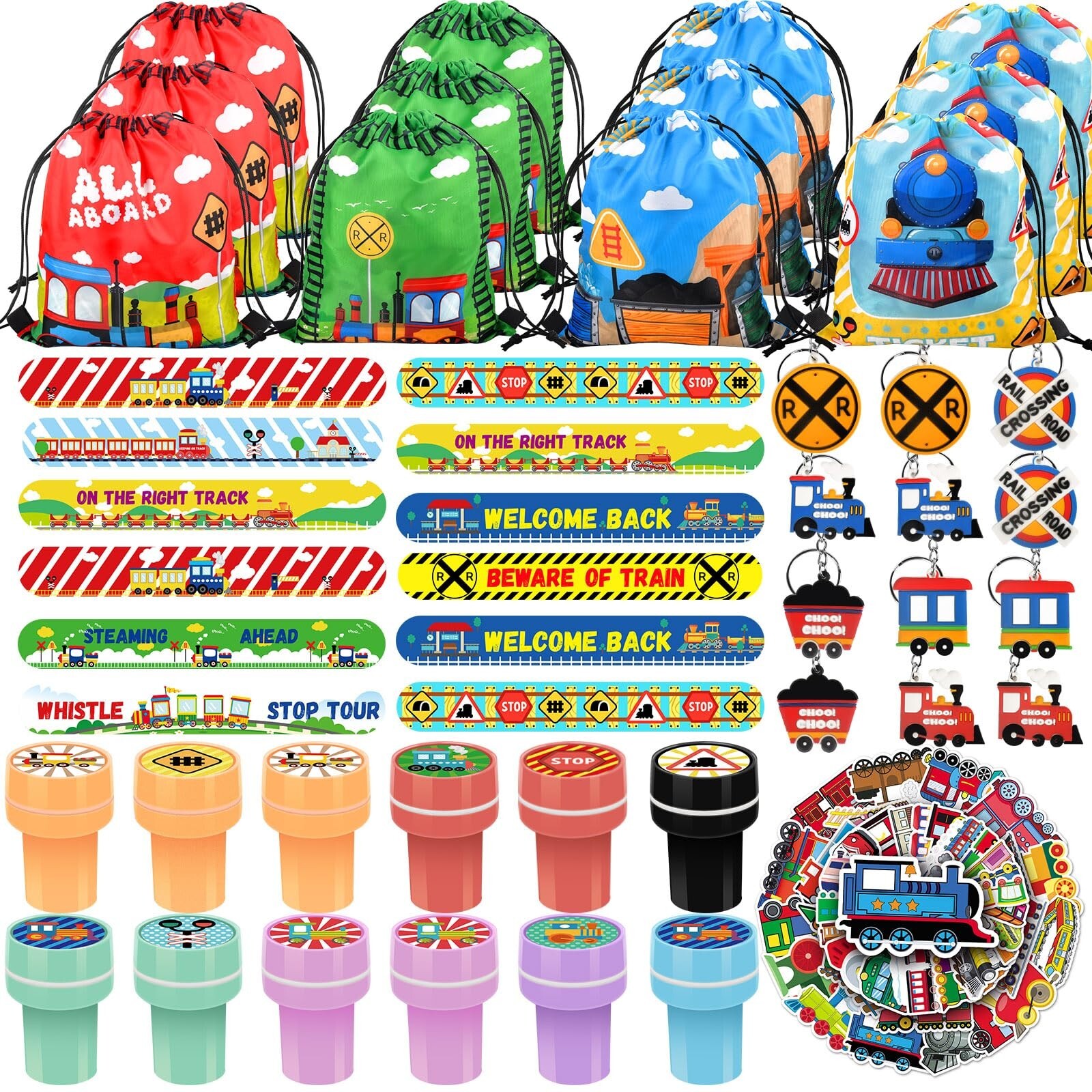 98-Piece Train Themed Party Favors Kit with Stickers, Stamps, and More