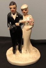 Vintage Chalk Ware WEDDING CAKE TOPPER 1940s BRIDE Groom 4 1/2 Unusual