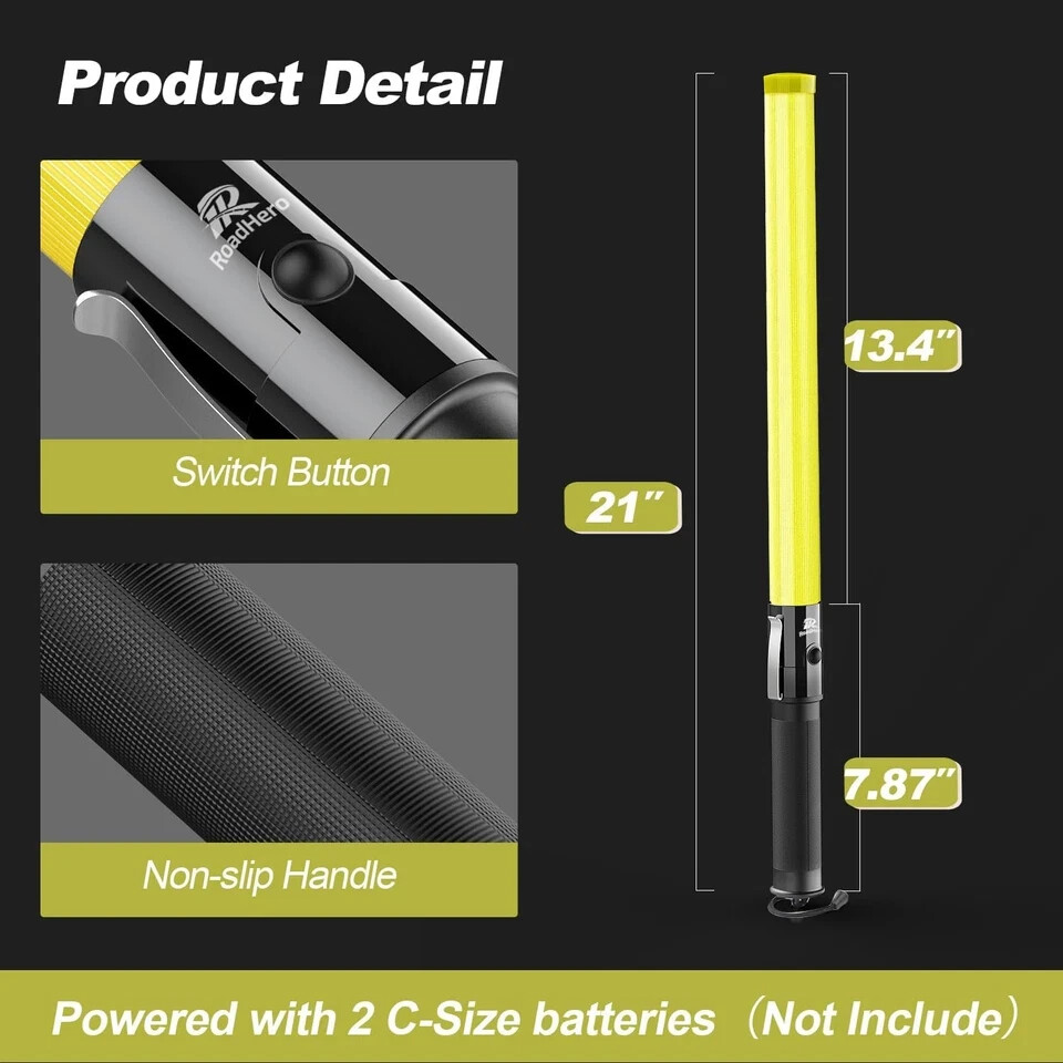 2 Pack 21 Inch Traffic Wand, Yellow Led Traffic Control Baton, Night Safety Ligh