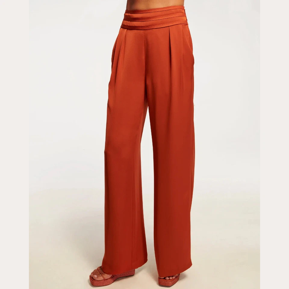 NUEVO Pantalón Pantalón Ramy Brook Tallas 6, 8 Para Mujer Joss Satinado Pierna Ancha - Canela
