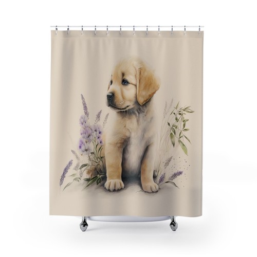 Golden Retriever Puppy Dog Floral Watercolor Art #1 Bathroom Shower Curtain - Picture 4 of 5