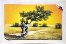 Quadro moderno, olio su tavola, dipinto a mano, Paesaggio con ulivo