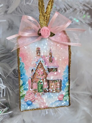Gingerbread House Candyland Bakery Decoupage Shabby Pink Rose Christmas Ornament